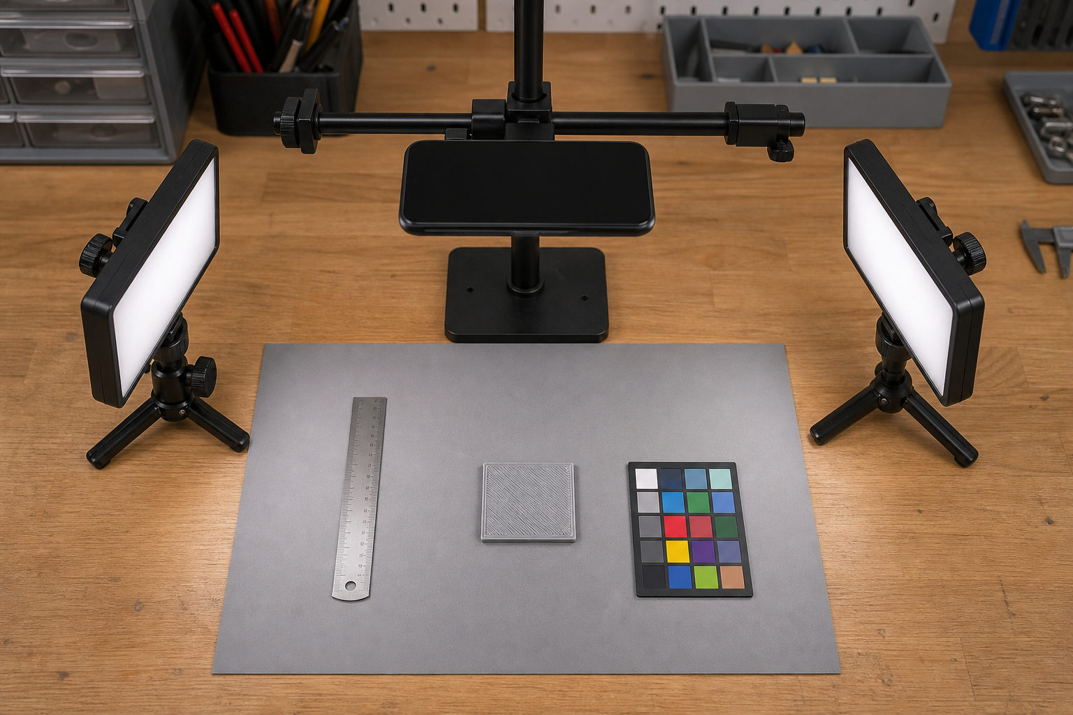Overhead camera arrangement for photographing a first-layer calibration print on a neutral reference surface