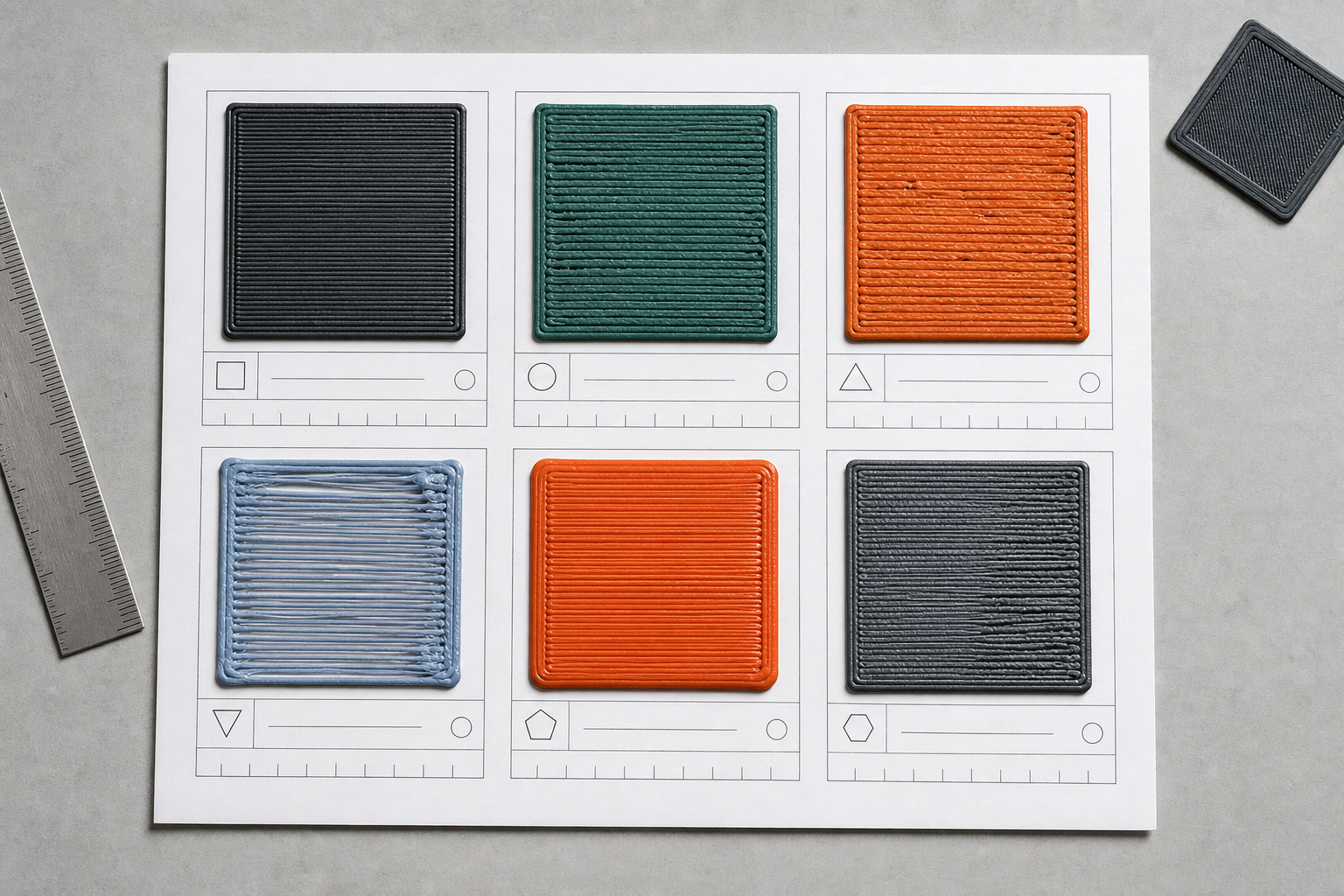 Organized comparison sheet containing multiple close-up photographs of 3D printer first-layer tests