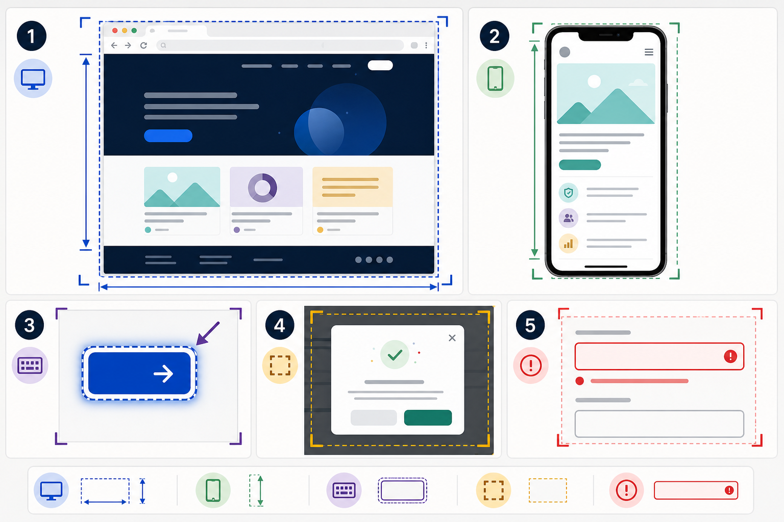 Organized grid of website screenshot examples showing viewport boundaries, focus states, and cropped interface regions for an accessibility audit