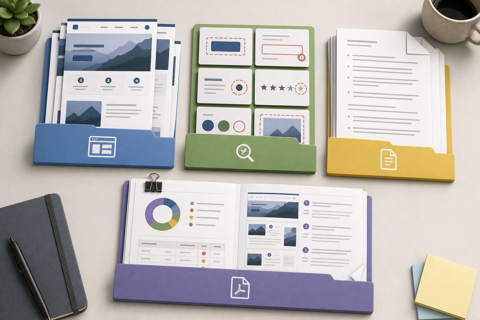 Folder-style arrangement of accessibility audit assets including full-page screenshots, cropped issue images, OCR notes, and a merged PDF review copy