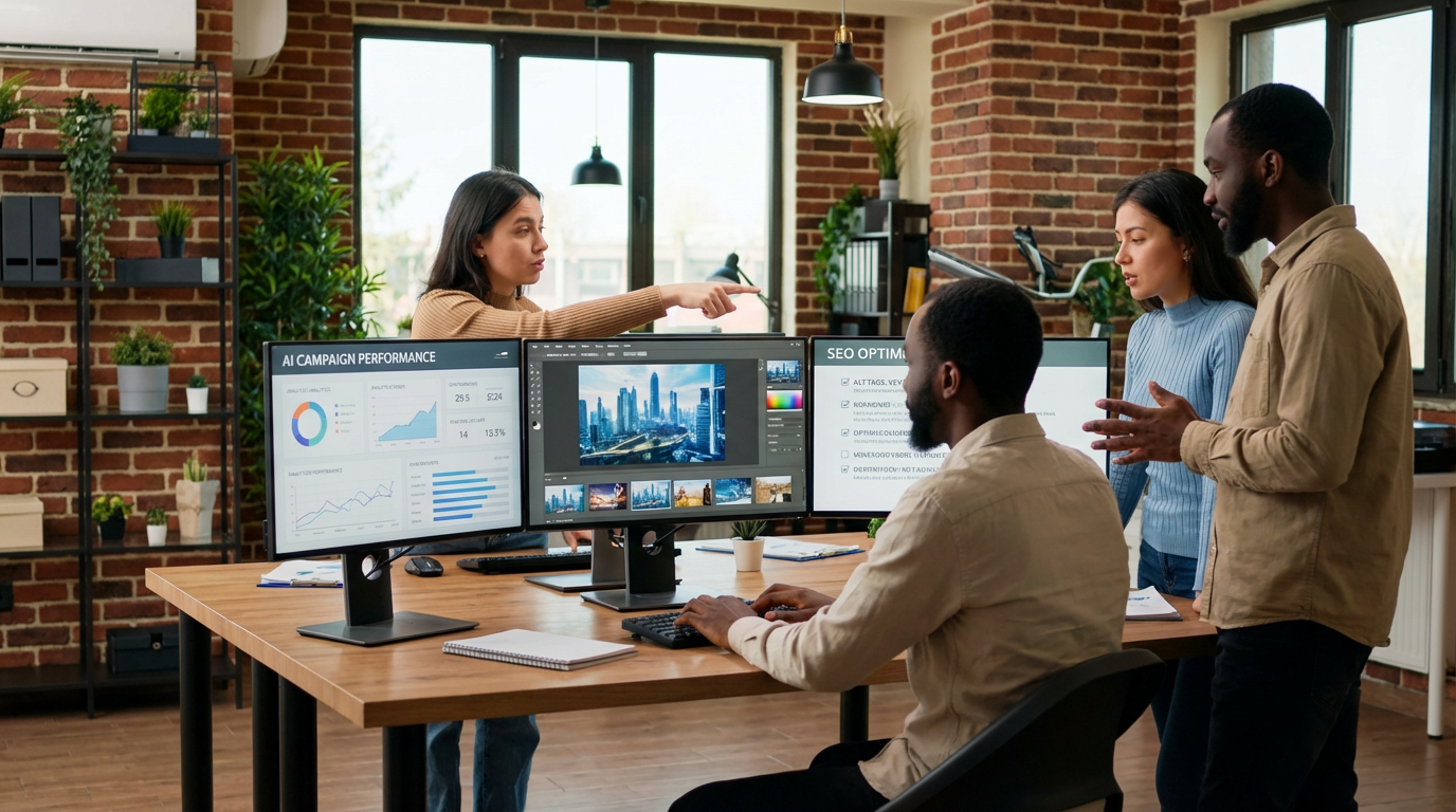 AI content production team collaboration scene