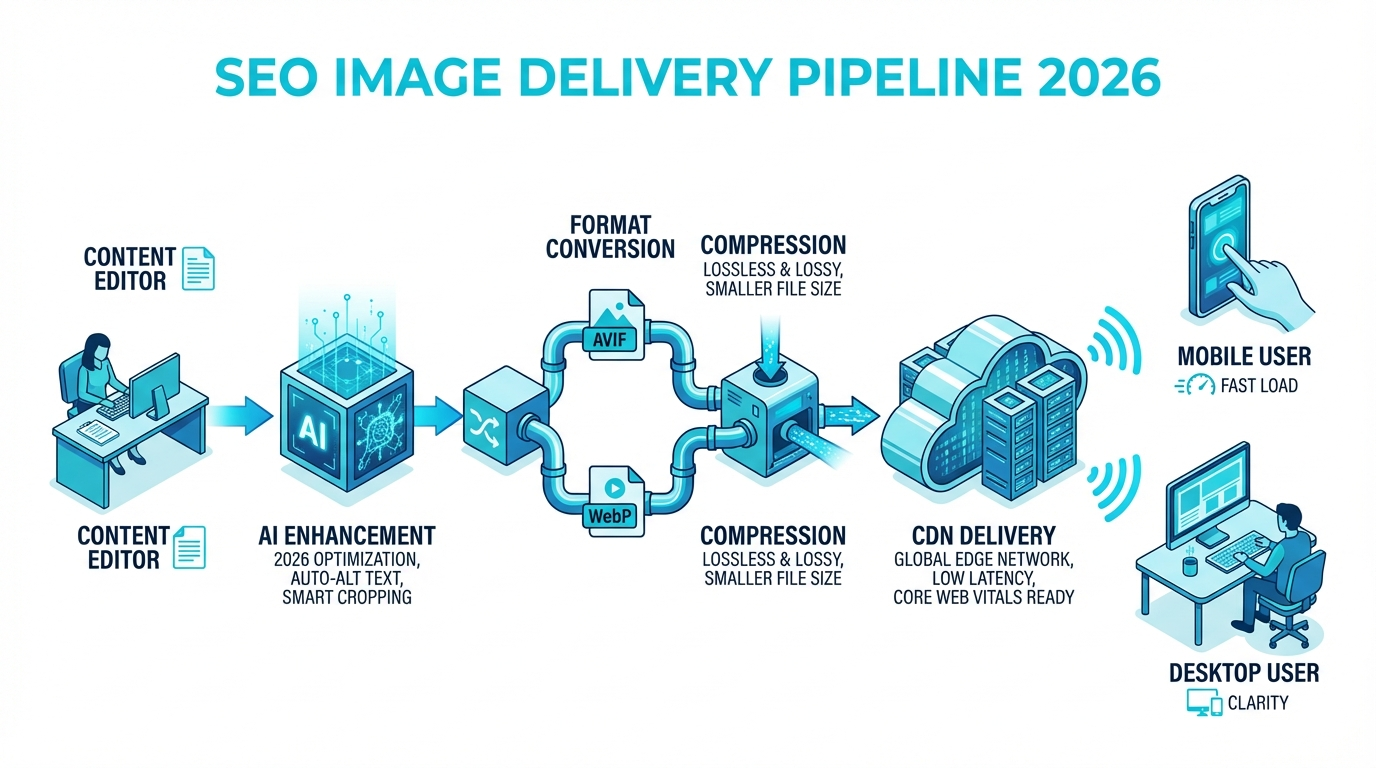SEO image delivery pipeline for AVIF and WebP in 2026