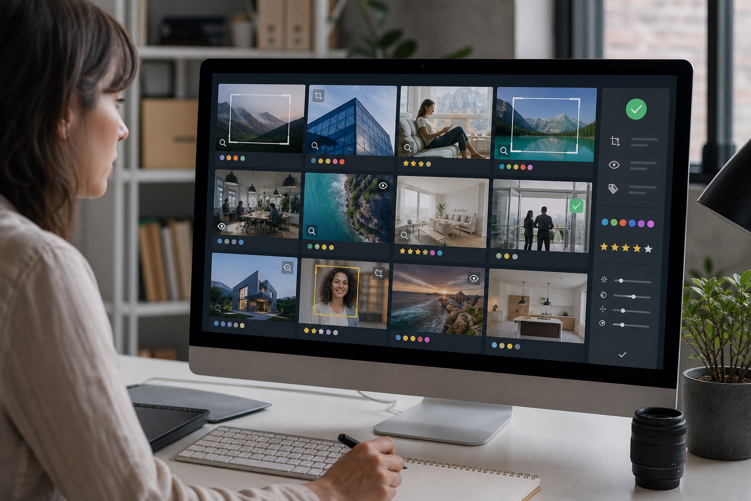 A content editor reviewing image thumbnails in a grid before CMS upload