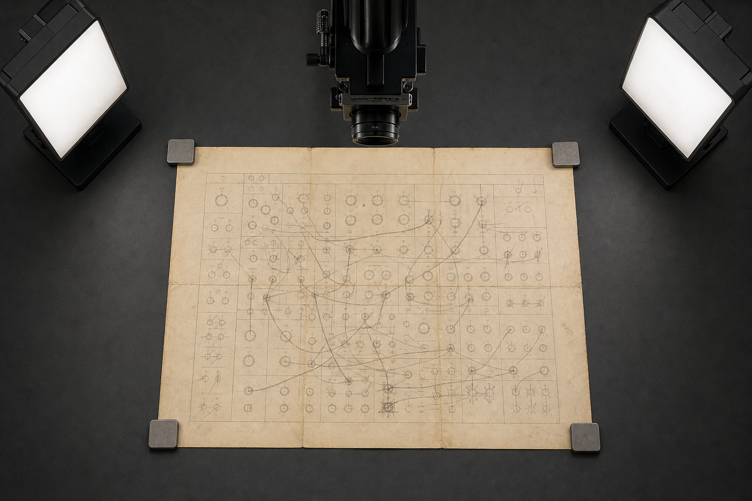 Overhead document capture setup with a synthesizer patch sheet held flat beneath two diffused lights