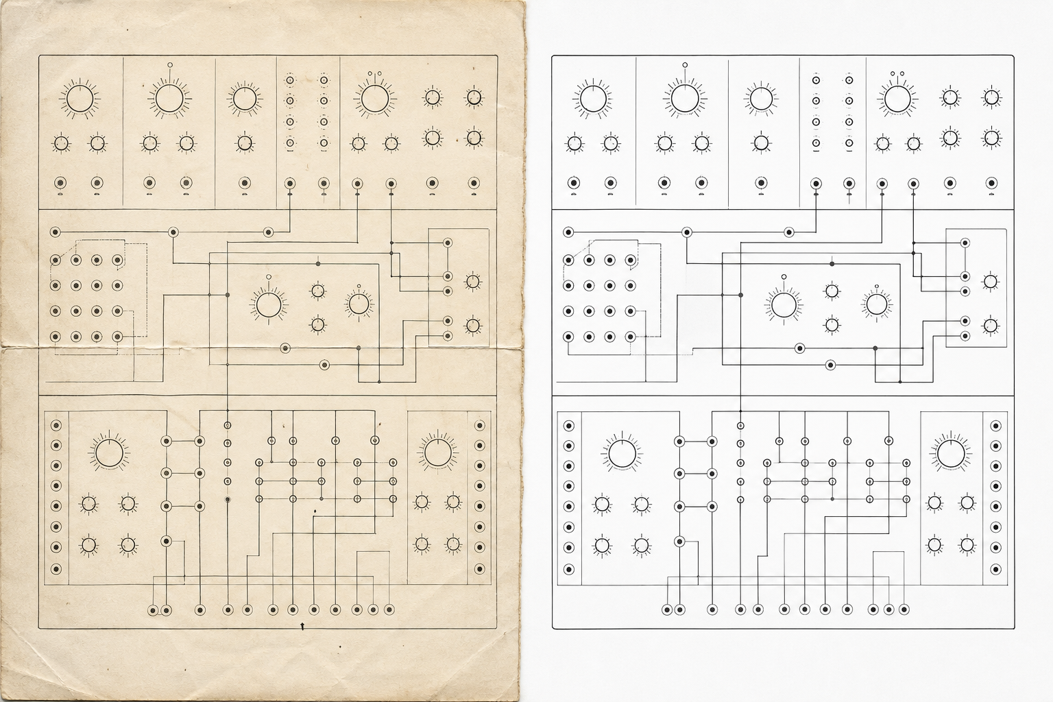 Side-by-side comparison of a natural archival scan and a high-contrast reading copy of a synthesizer control diagram