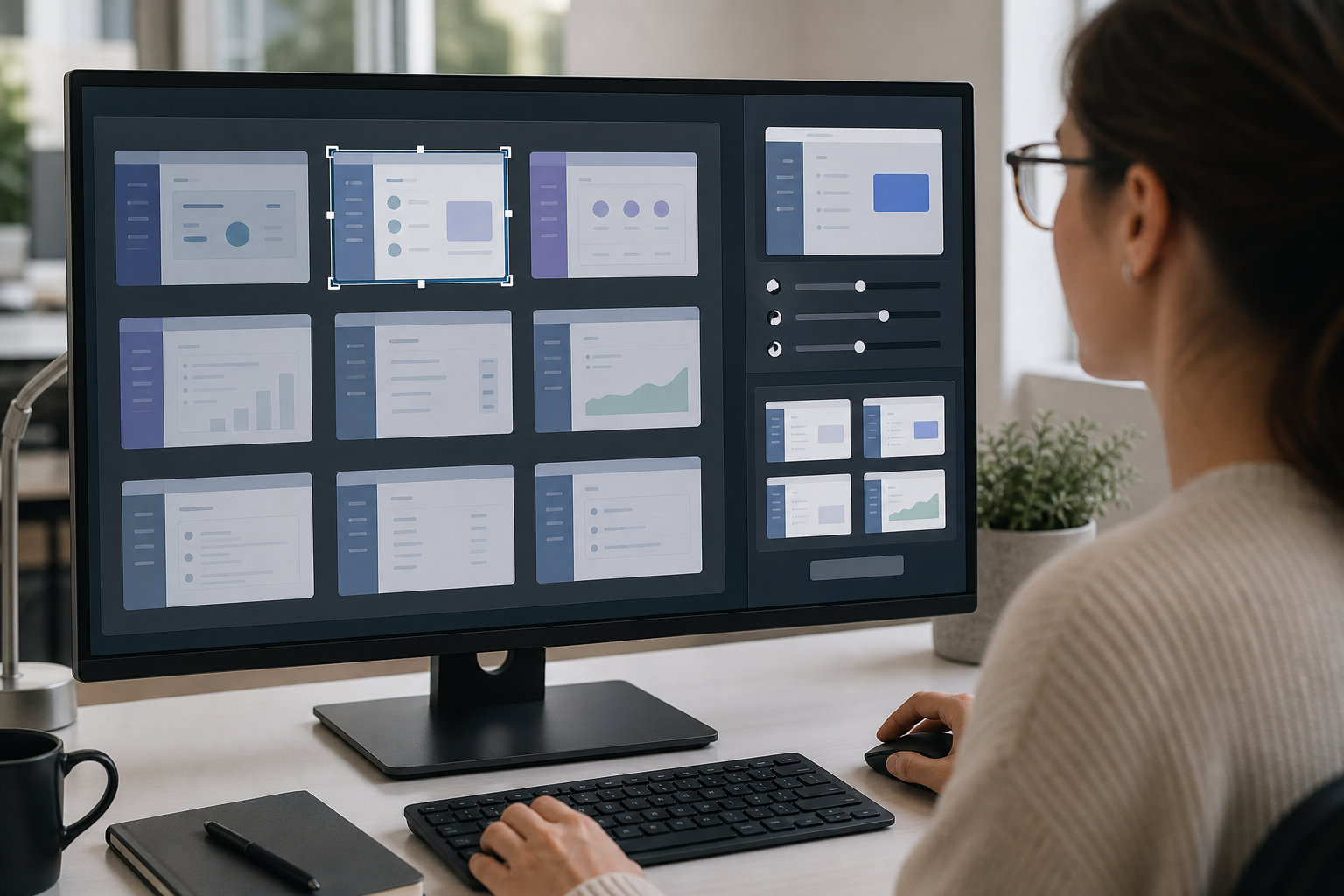 Content editor reviewing cleaned SaaS screenshots on a monitor before OCR export