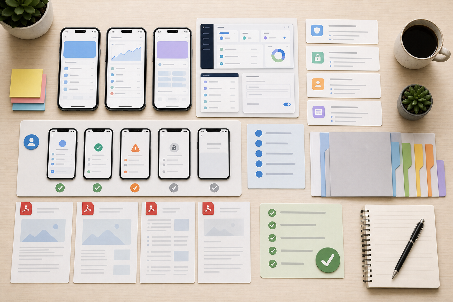 Organized groups of mobile screenshots, policy notes, account state images, and PDF proof pages prepared for review