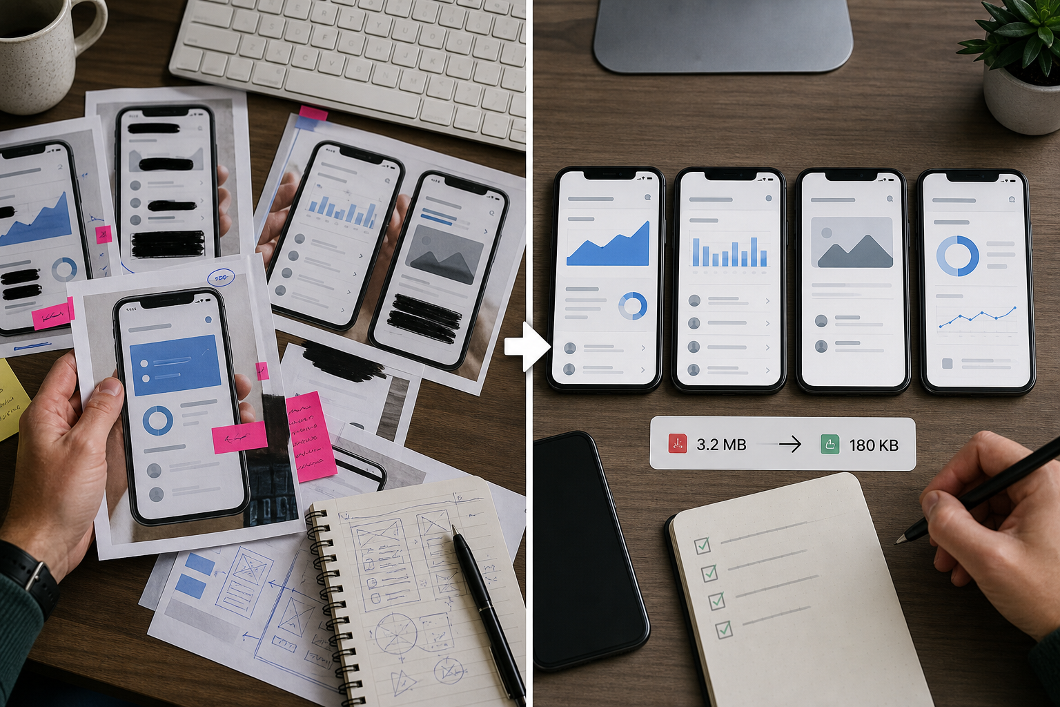 Before and after mobile app screenshots showing cleaner cropping, reduced file size, and protected sensitive areas