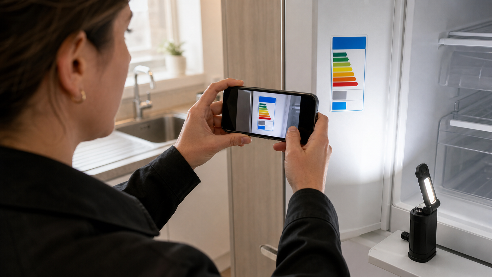 Property manager photographing an appliance energy label inside a rental unit with good lighting