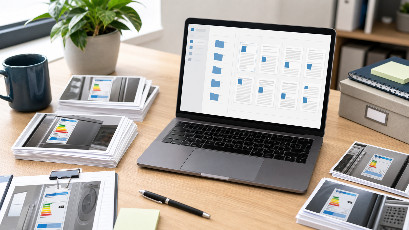 Organized appliance label photos being assembled into a searchable PDF record pack