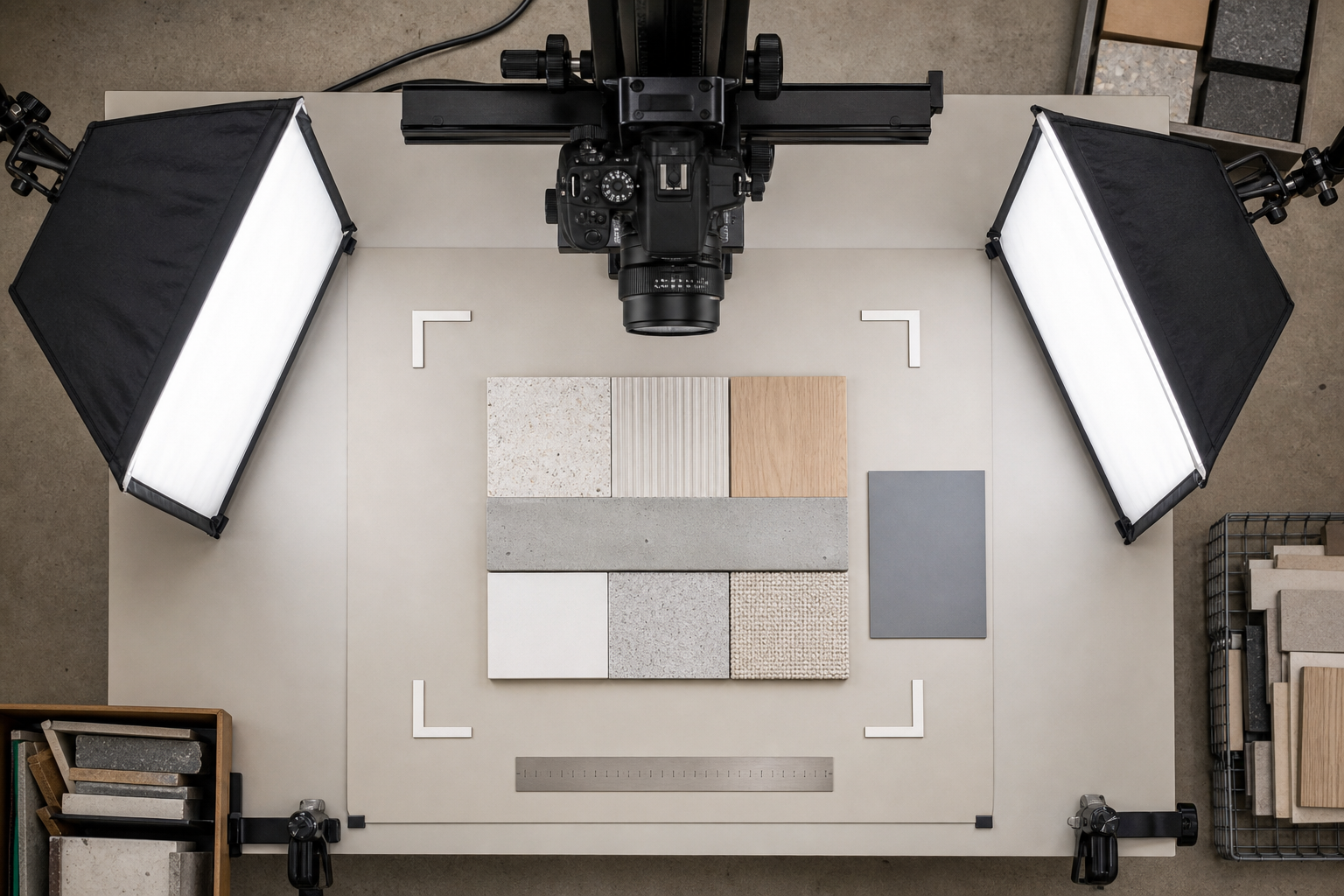 Overhead material sample board photography station with diffused lights, camera, gray card, and alignment guides