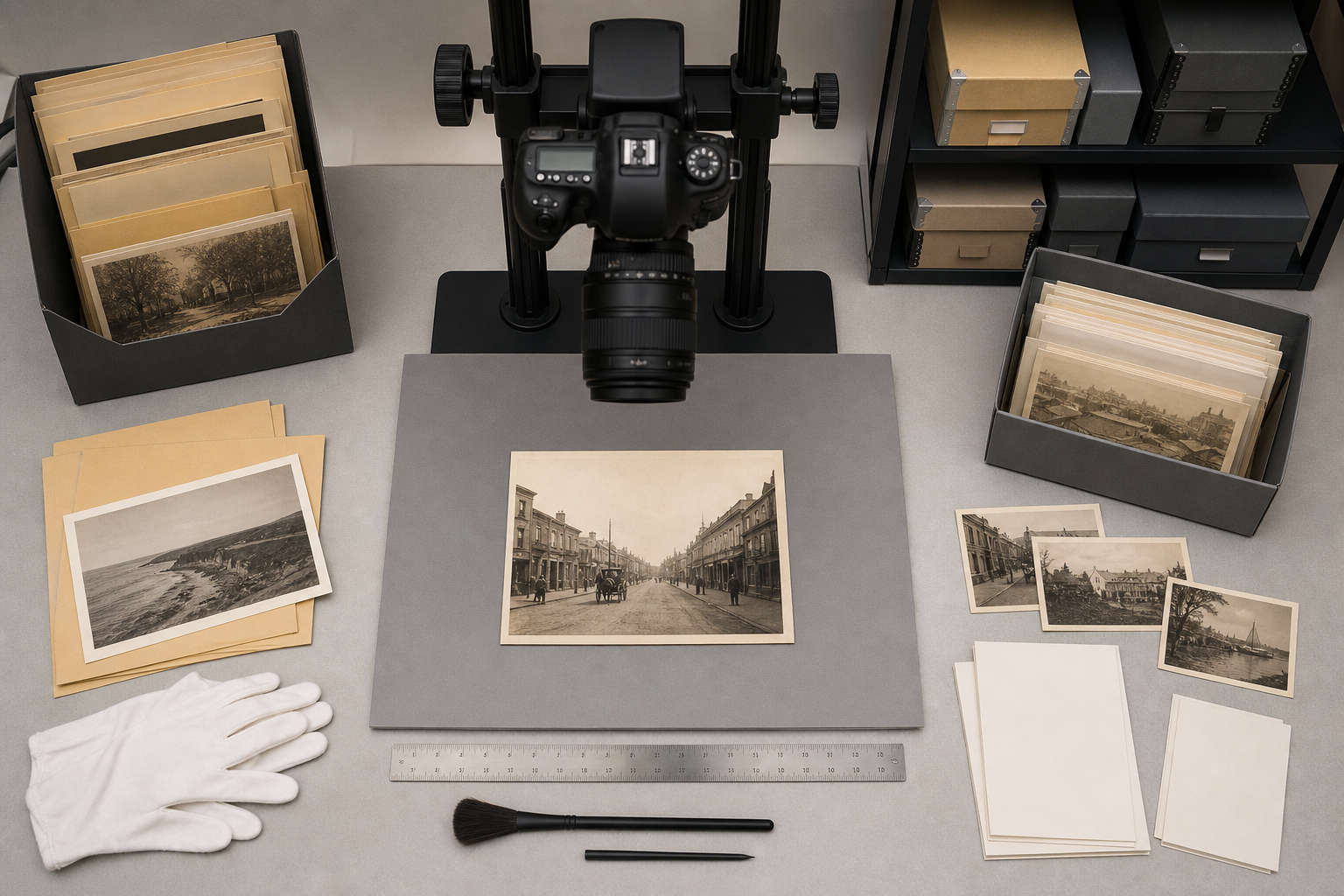 Overhead view of an archive photo capture station with boxes, labels, camera, ruler, and neutral background