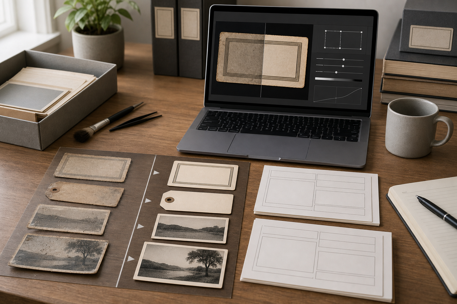 Before and after style archive label cleanup scene with cropped label images and organized metadata sheets