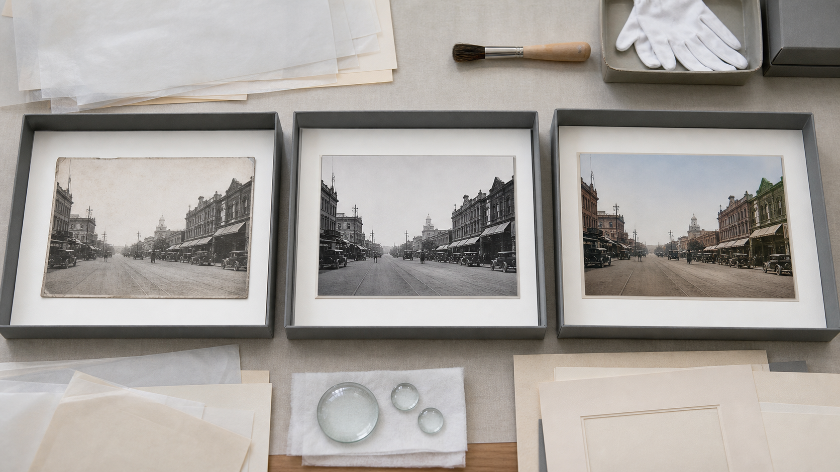 Three neatly separated archive photo versions labeled by arrangement only: original scan, restoration edit, and colorized access copy
