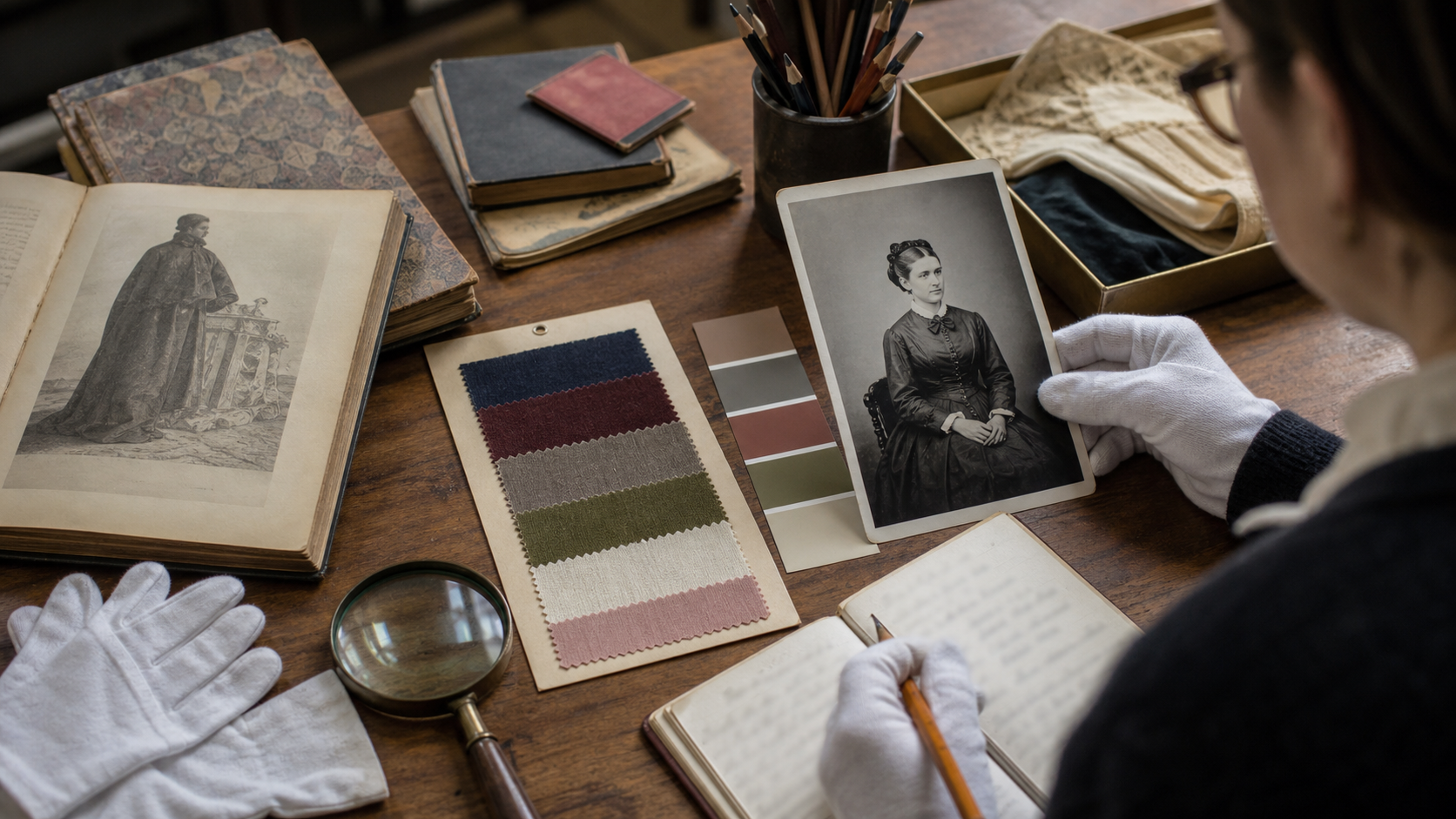 Museum researcher comparing a historical black-and-white portrait with fabric swatches and handwritten research notes