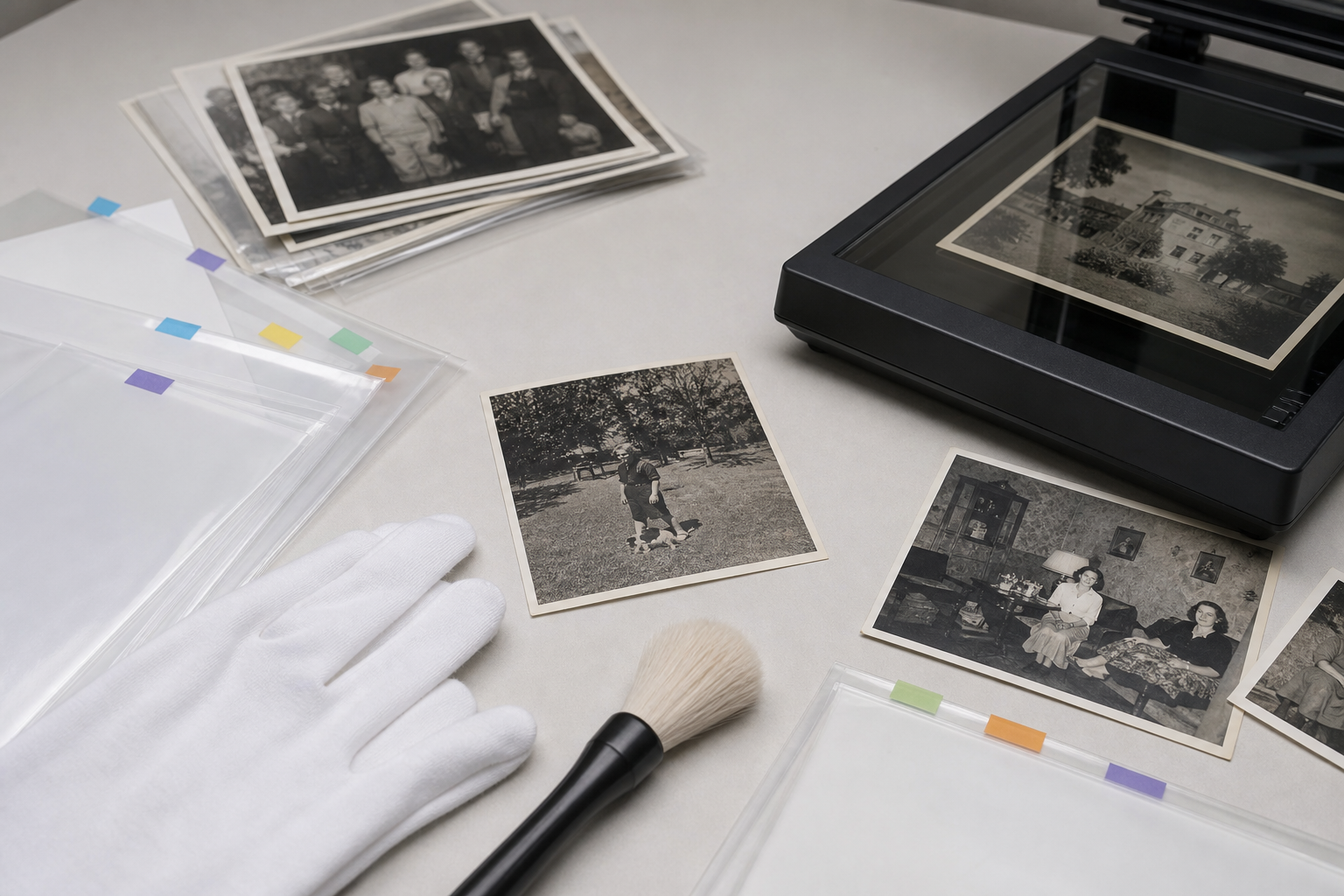 Archive photo preparation desk with scanner, gloves, dust brush, and labeled photo sleeves