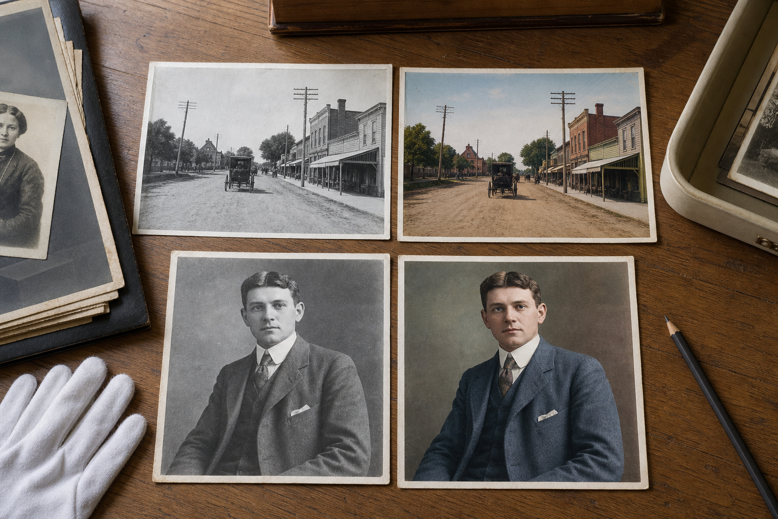 Side by side review packet of original and colorized historical photographs