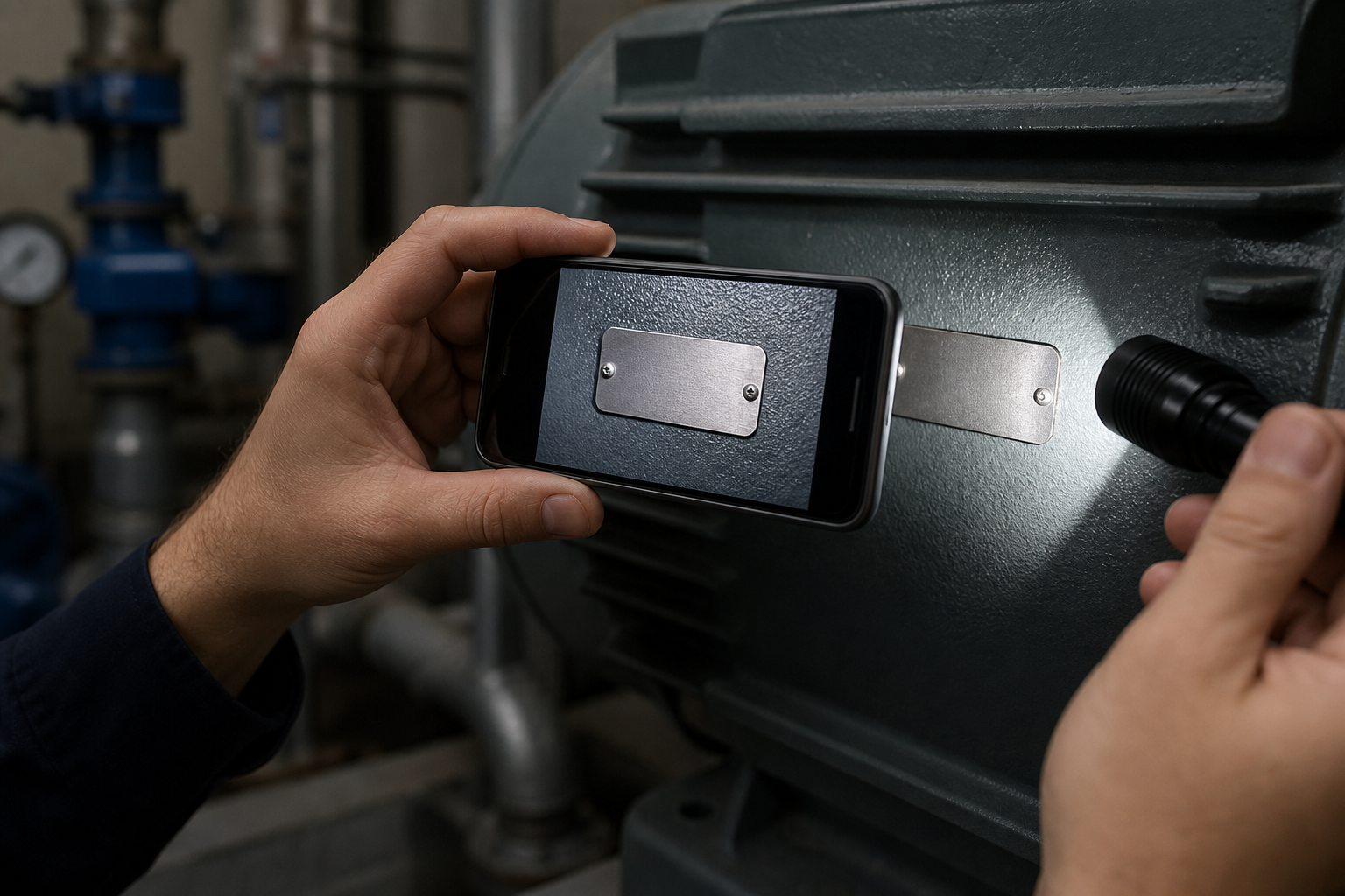 Technician holding a phone square to an equipment asset tag with a small light angled from the side