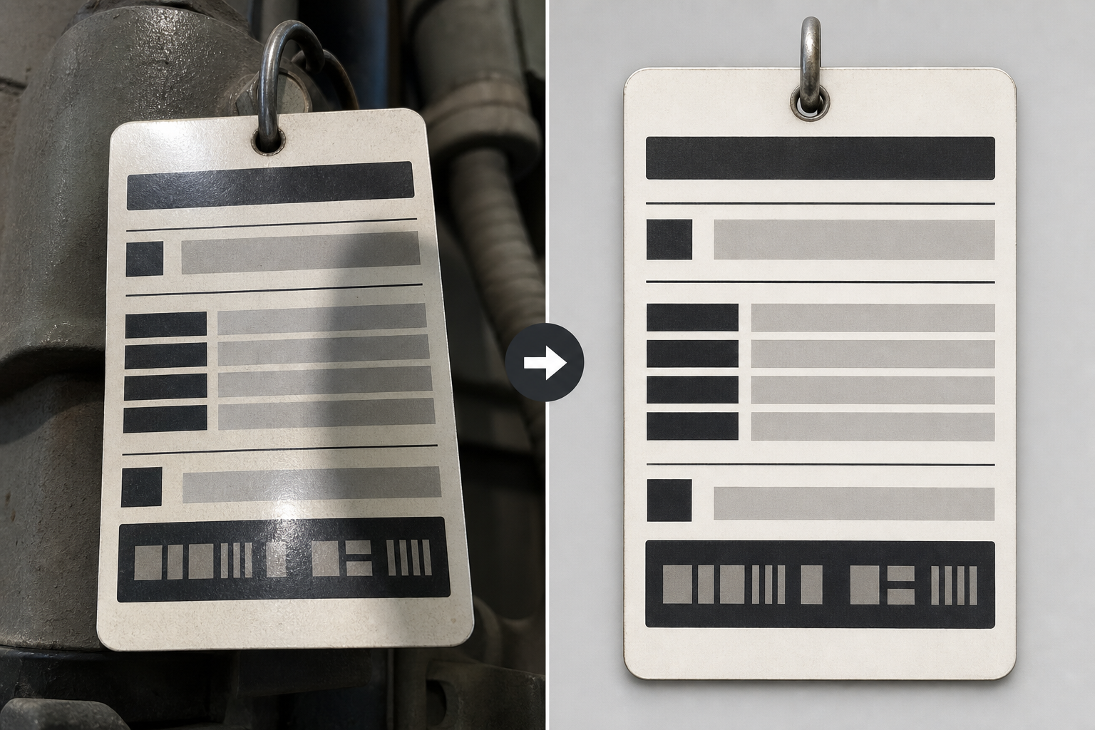 Before and after view of a cleaned asset tag photo prepared for OCR