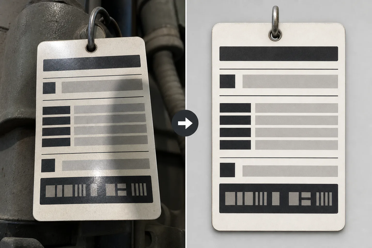Before and after view of a cleaned asset tag photo prepared for OCR