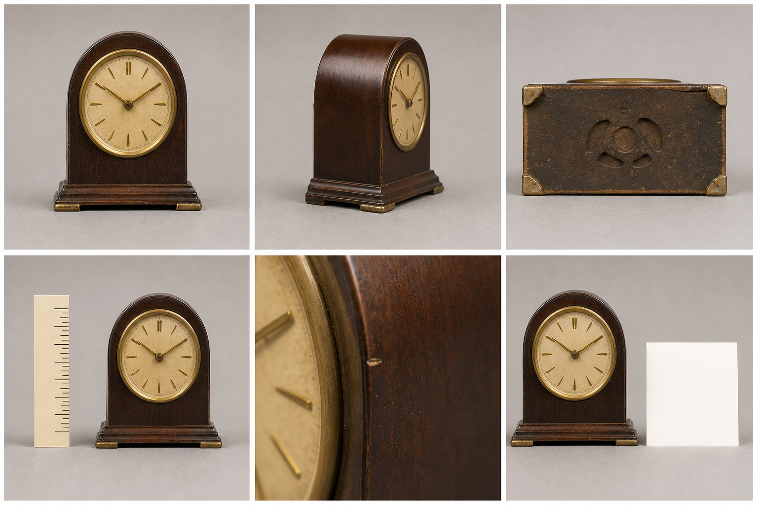 Six-photo auction lot sequence showing an overall view, alternate angle, maker mark, scale reference, condition detail, and lot card