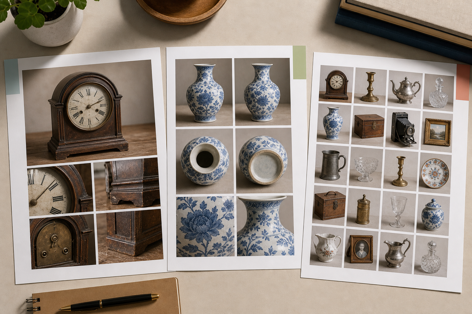Comparison of three auction proof-sheet layouts for identity, condition, and multi-lot review