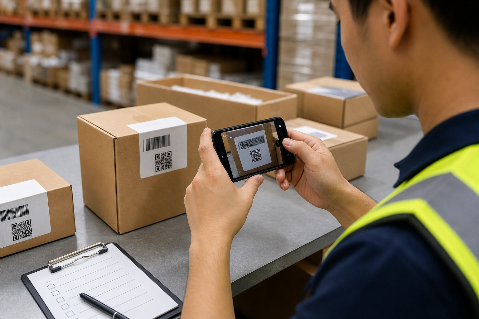 Inventory worker photographing a product barcode label with a phone at a warehouse table