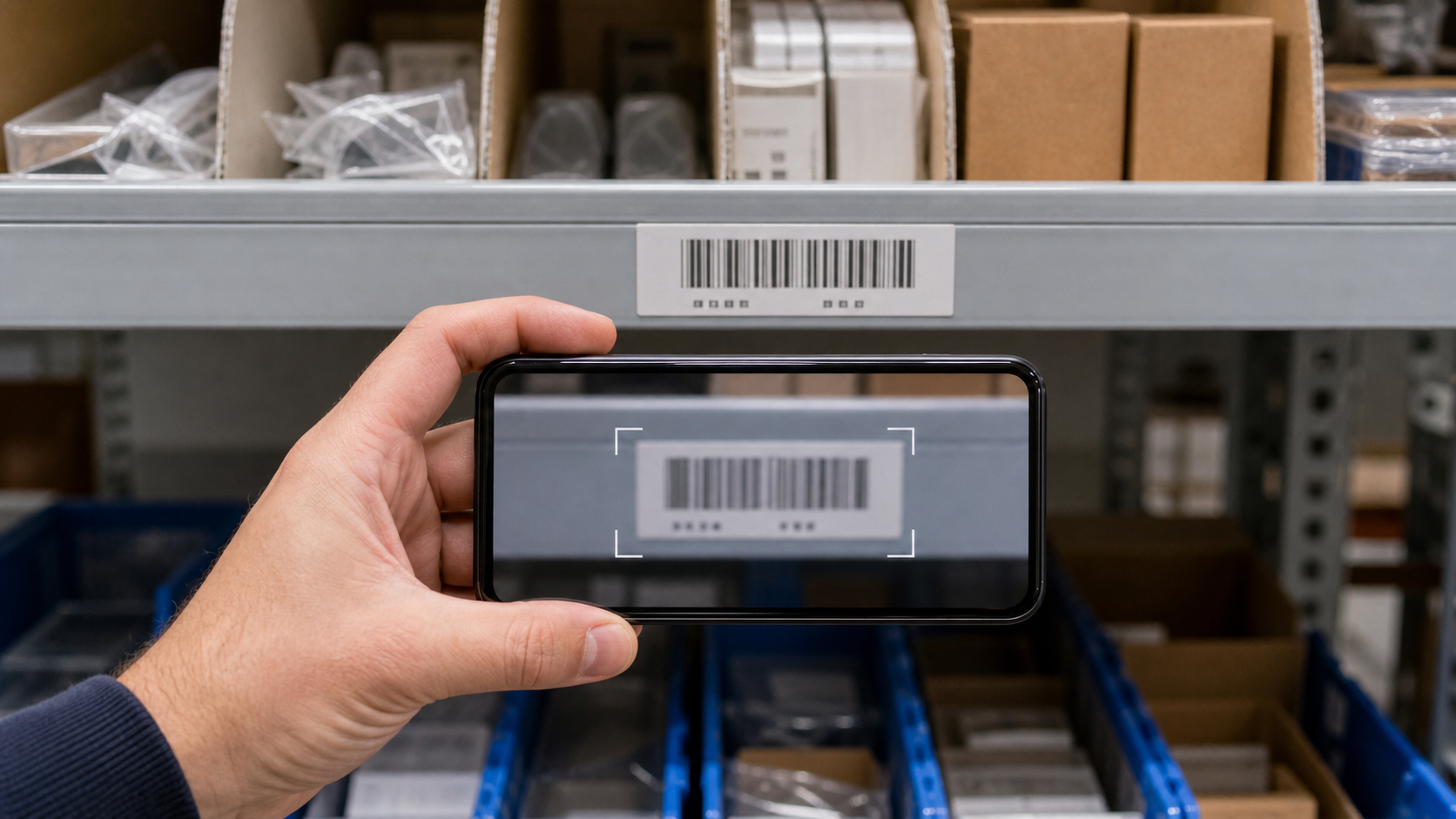 Phone photographing a shelf label straight on with even lighting and inventory bins in the background