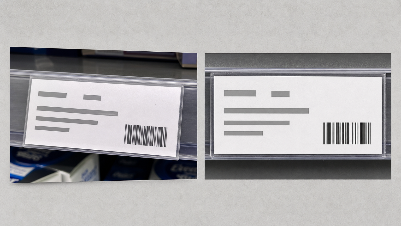 Before and after comparison of a crooked shelf label photo being cropped and straightened for OCR
