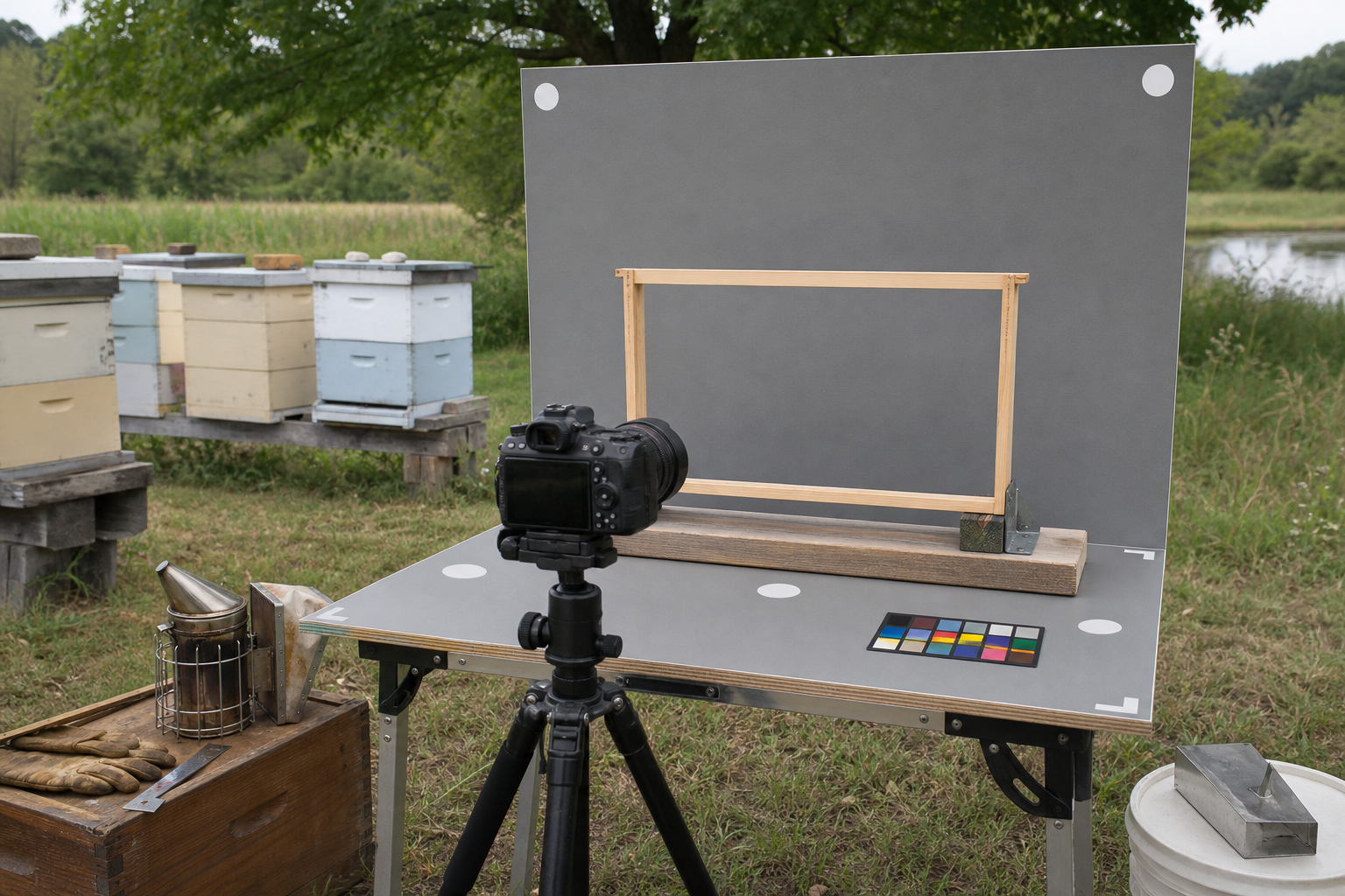 Portable beehive frame photography station with a neutral backing board and position markers