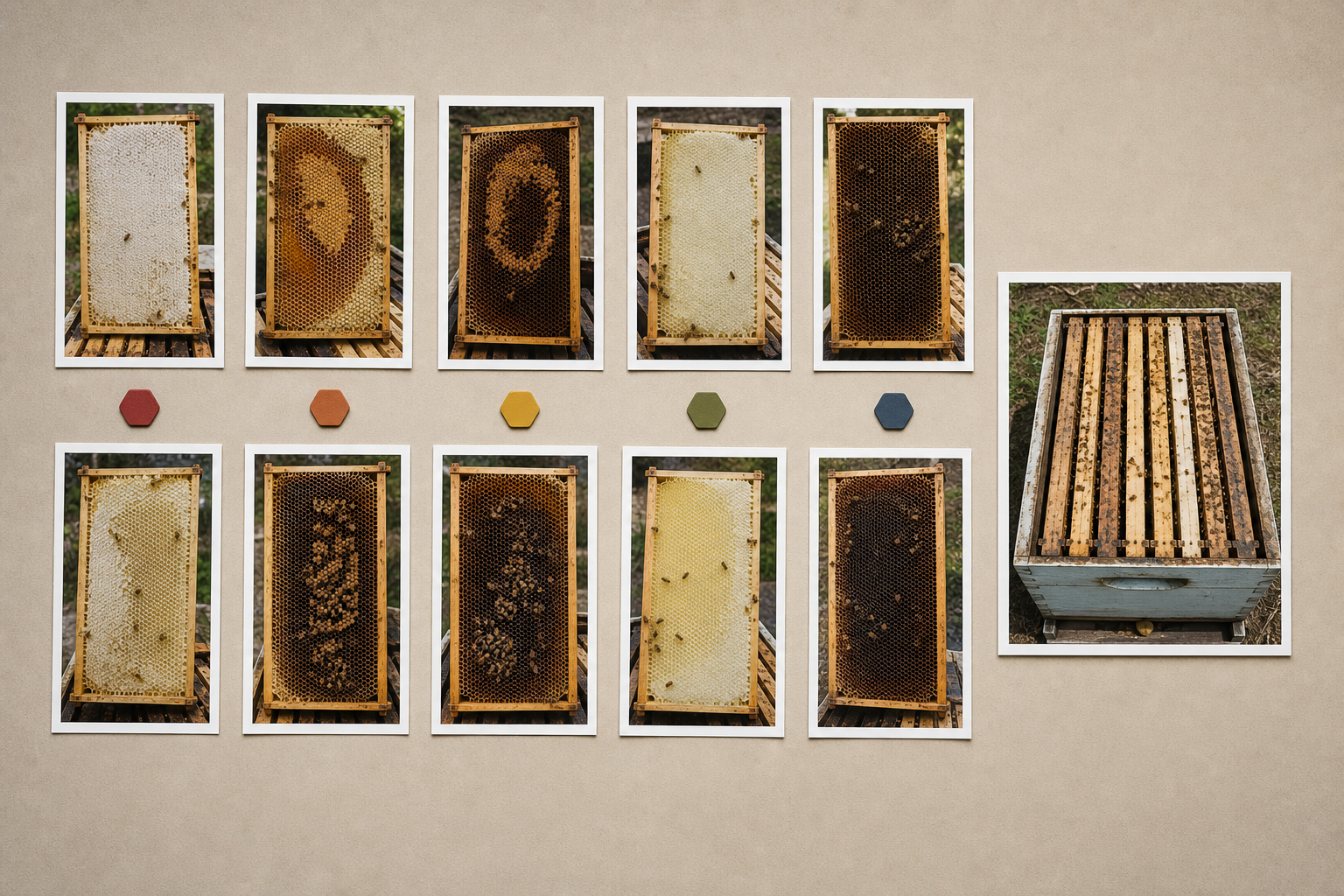 Organized beehive inspection image set showing both sides of consecutive frames