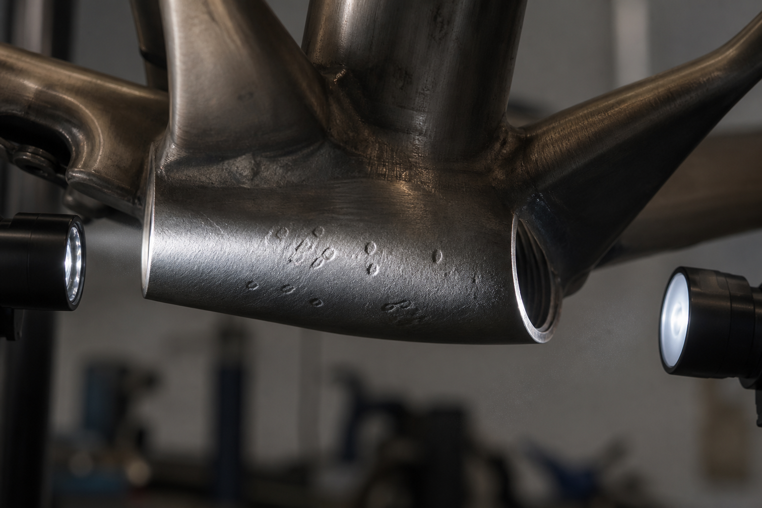 Comparison setup showing grazing light directed across a bicycle frame serial-number stamp
