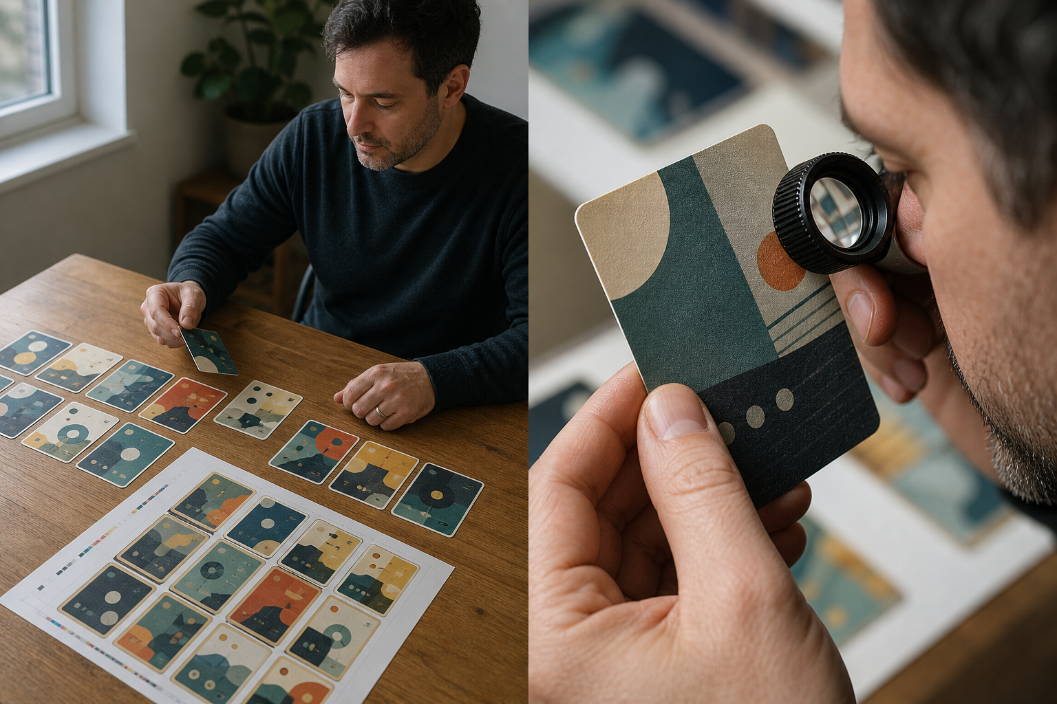 Designer comparing a printed prototype card at tabletop distance and close range