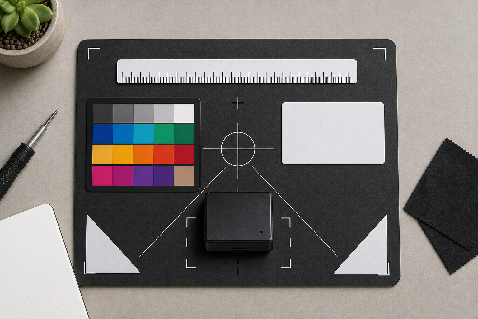 A hardware calibration photo board with a ruler, color card, device label area, and angle markers