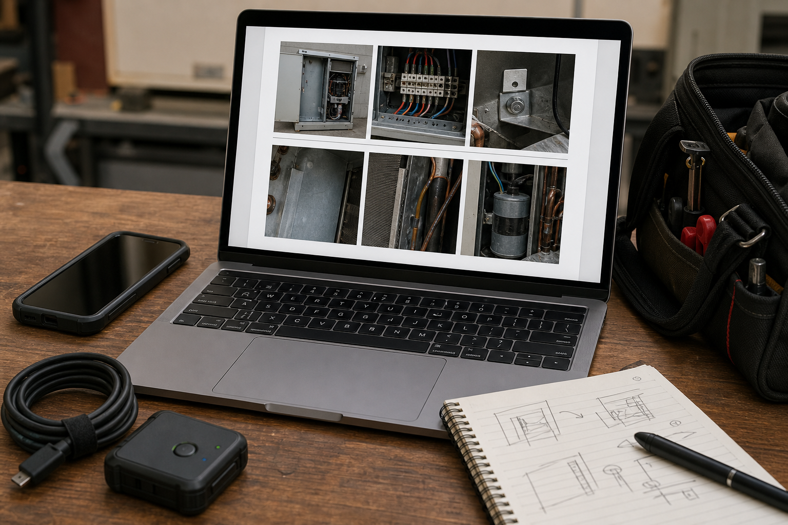 A sequence of cleaned hardware support photos being arranged into a PDF review packet