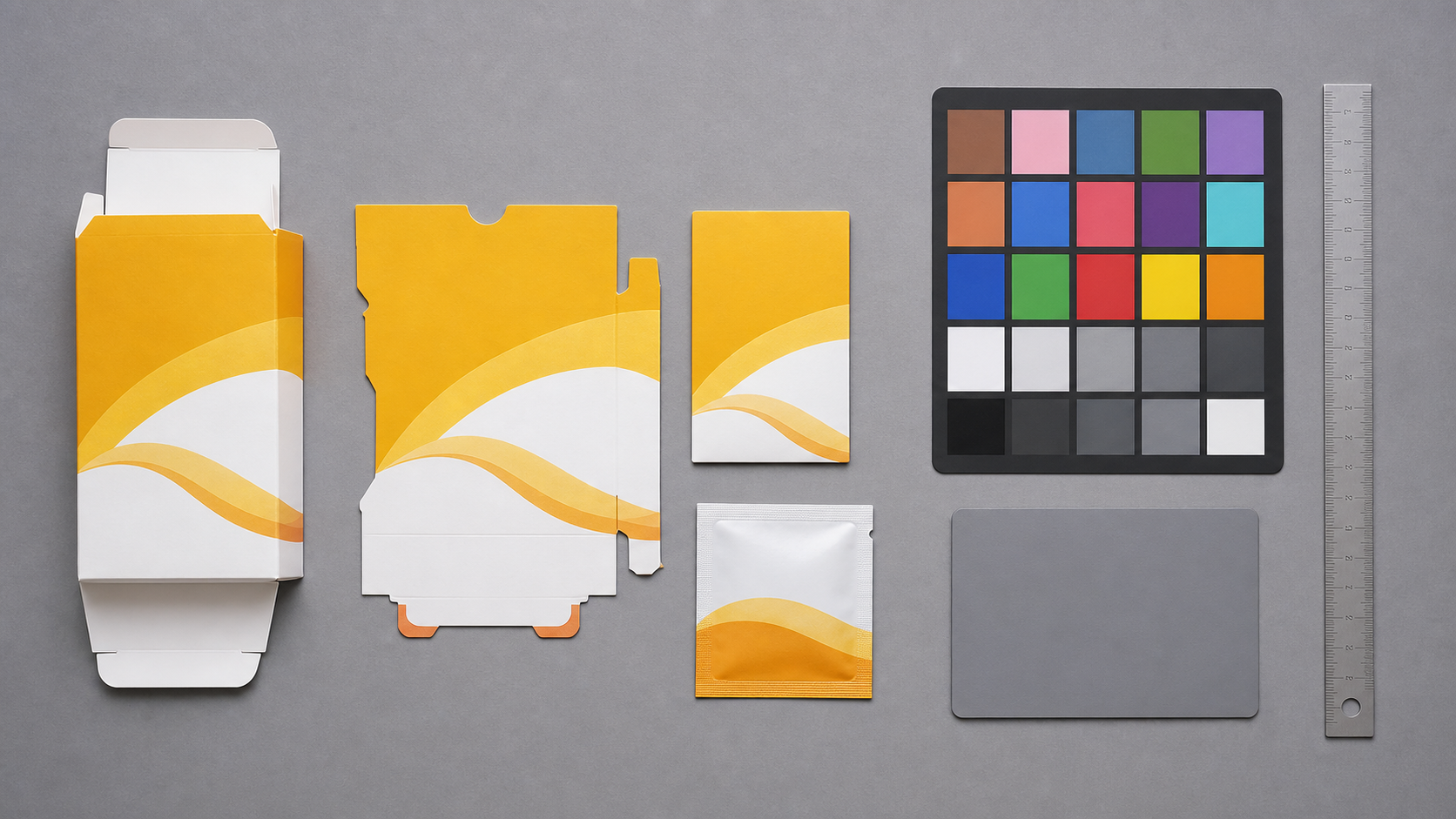 Overhead capture setup with printed samples, color card, ruler, and neutral background