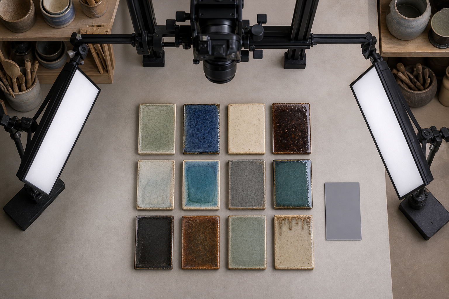 Glazed ceramic test tiles arranged with a gray card under two diffused lights