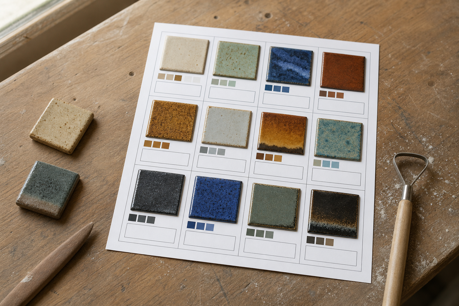 Printable reference sheet layout containing ceramic glaze tile photographs and blank note areas