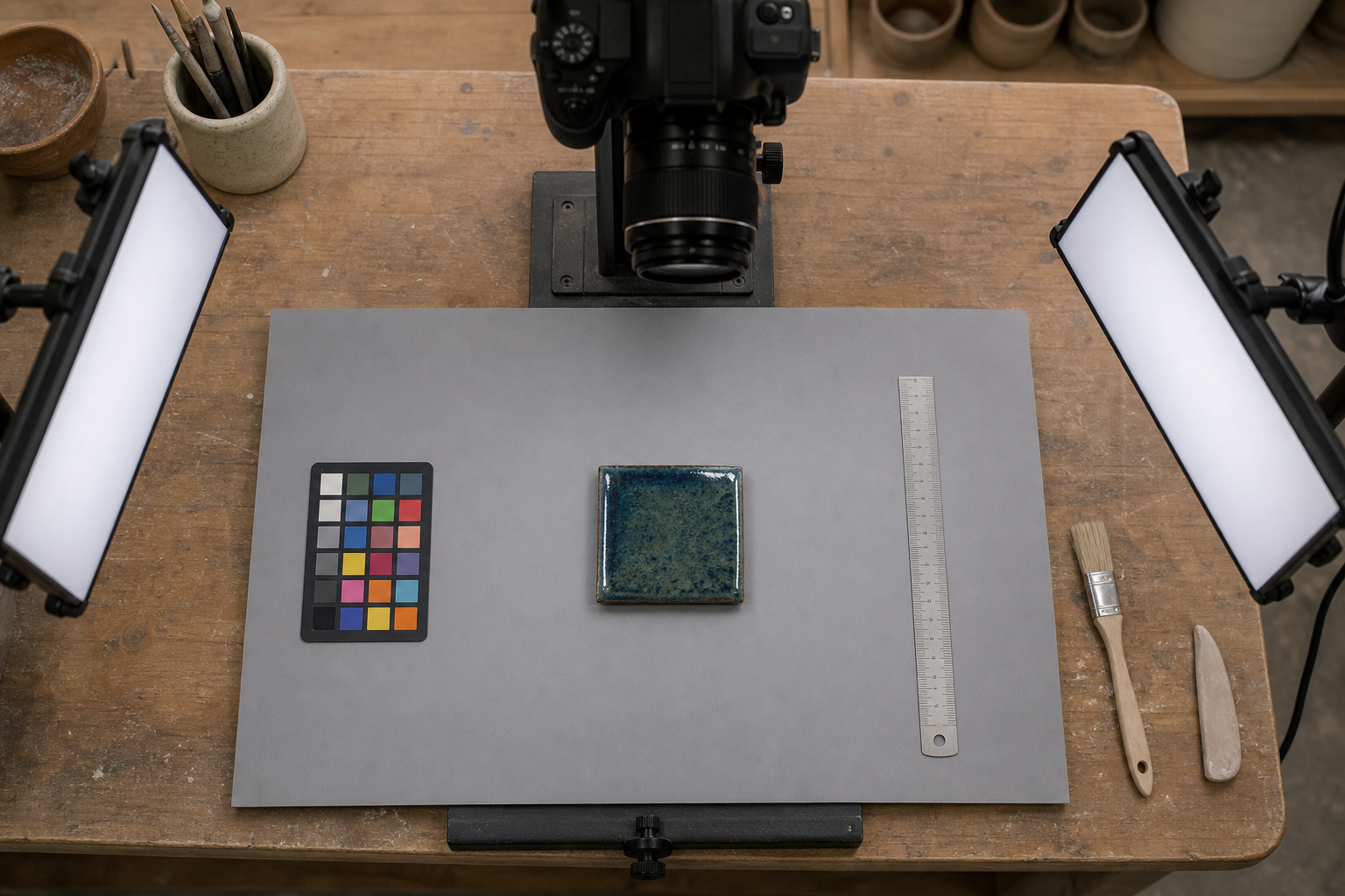 Overhead layout of a ceramic glaze tile photography station with two diffused lights and a neutral background