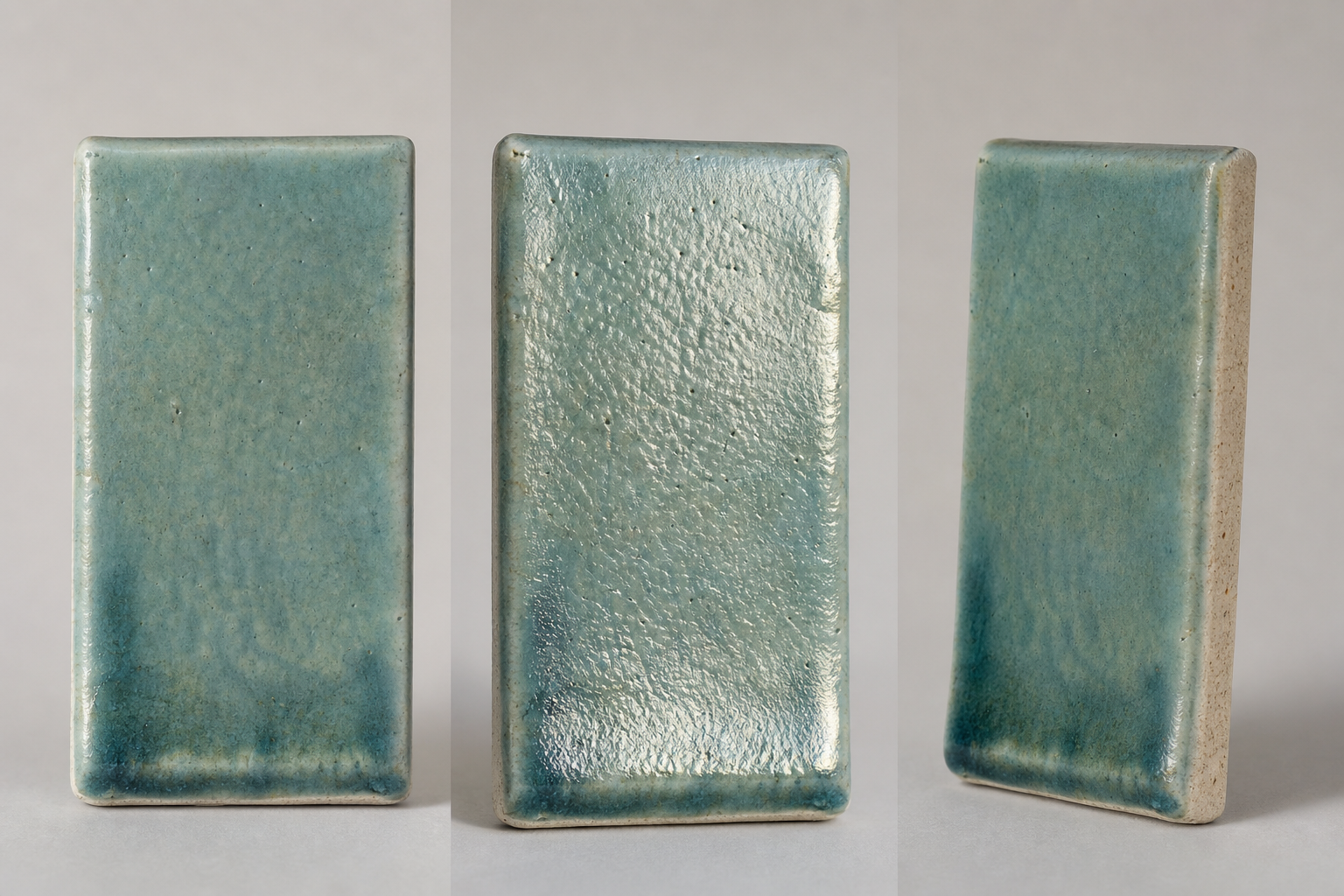 Three photographic views showing the color, surface texture, and edge behavior of one ceramic glaze test tile