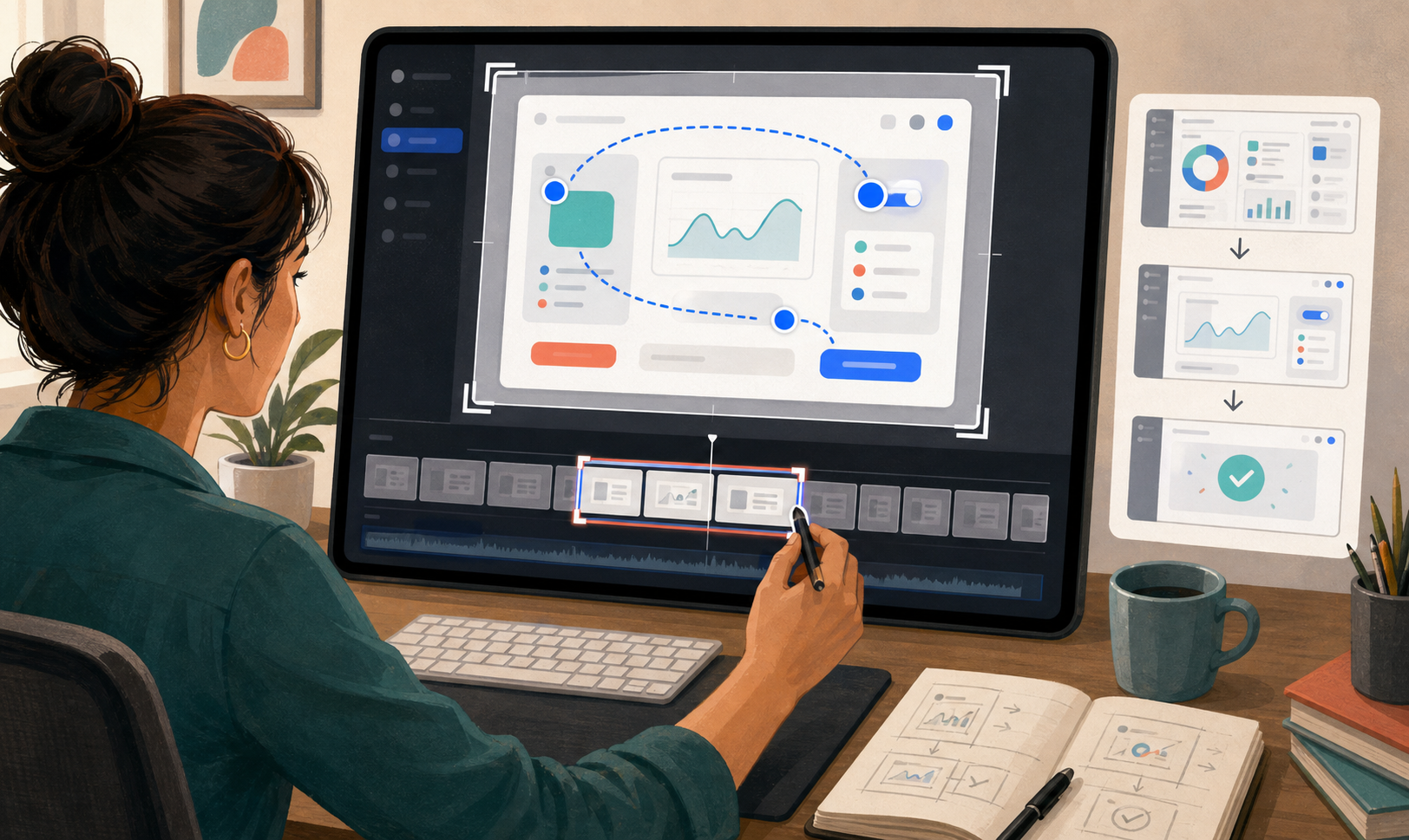Storyboard view of a short SaaS UI interaction being reduced into a focused six second demo loop