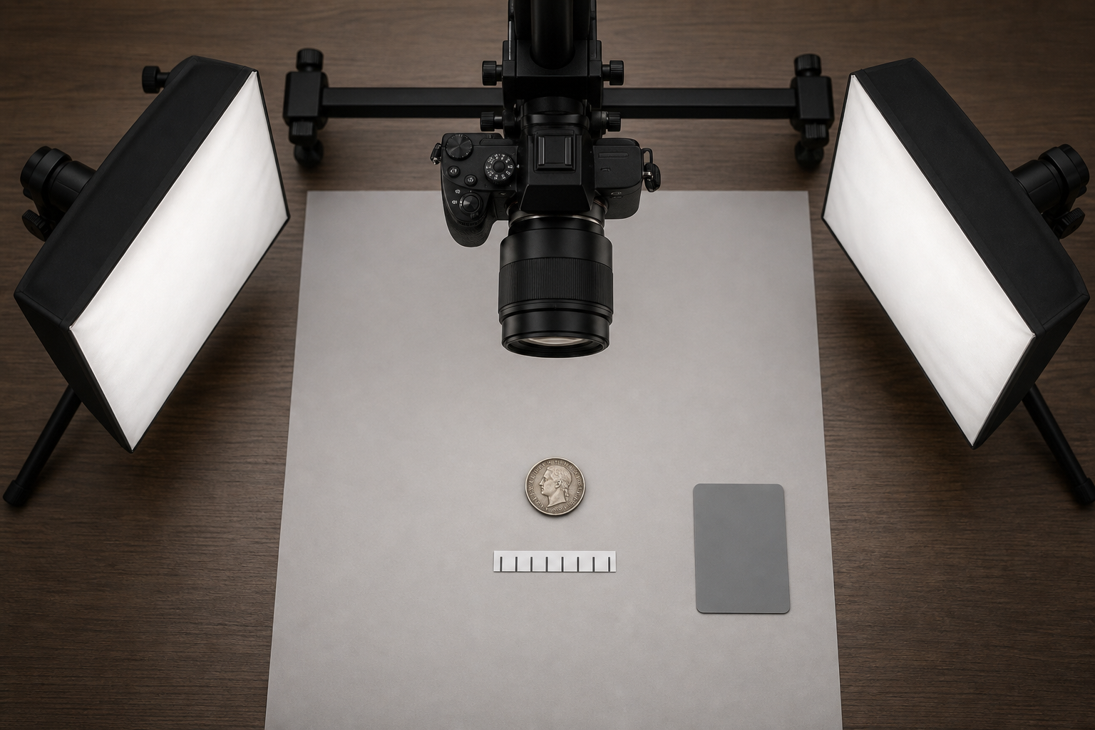 Overhead coin photography setup with two diffused lights, a camera, scale marker, and neutral background