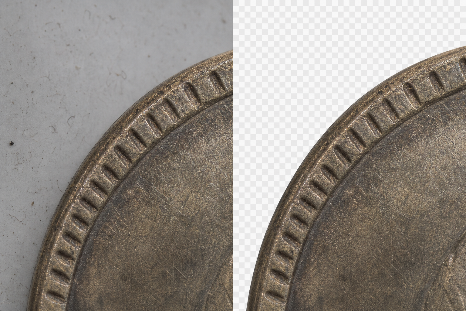 Magnified comparison of a coin rim before and after careful background cleanup