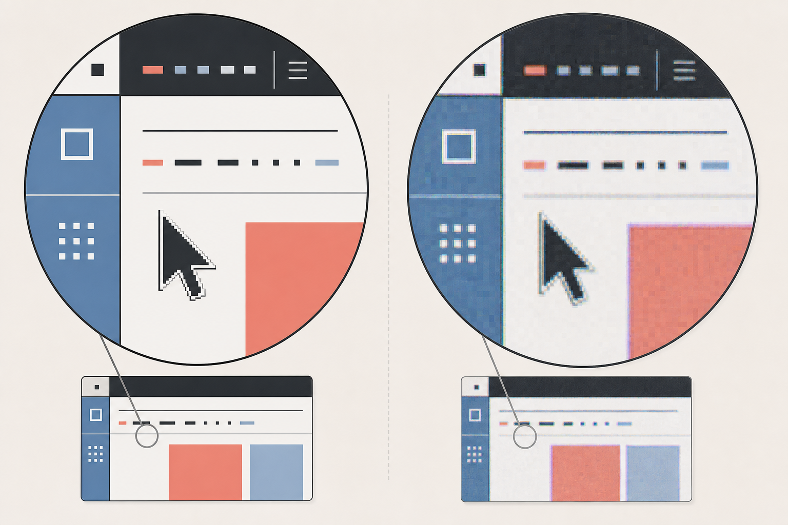 Magnified comparison of crisp and damaged interface screenshot edges