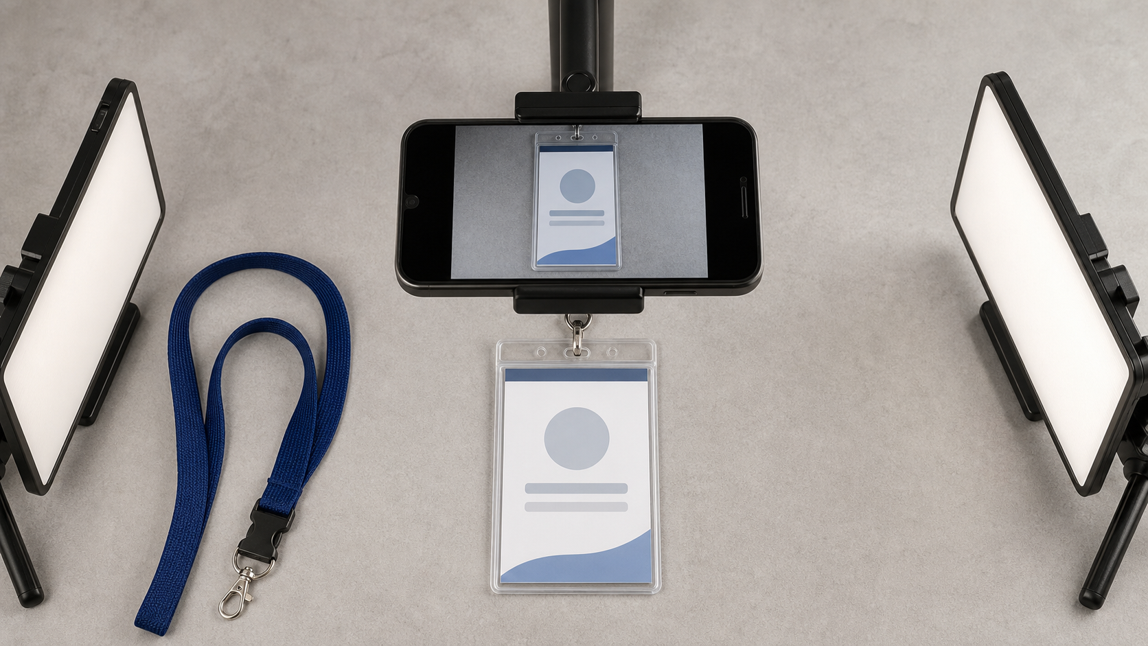 Conference badge photo setup with even lighting, straight framing, and a neutral background
