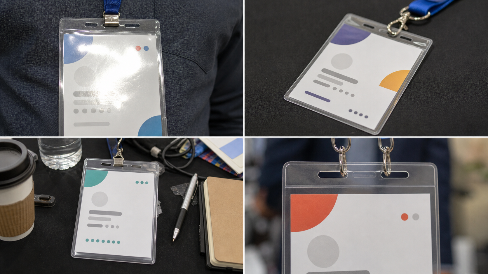 Comparison of messy conference badge photo issues such as glare, angle, crop, and clutter