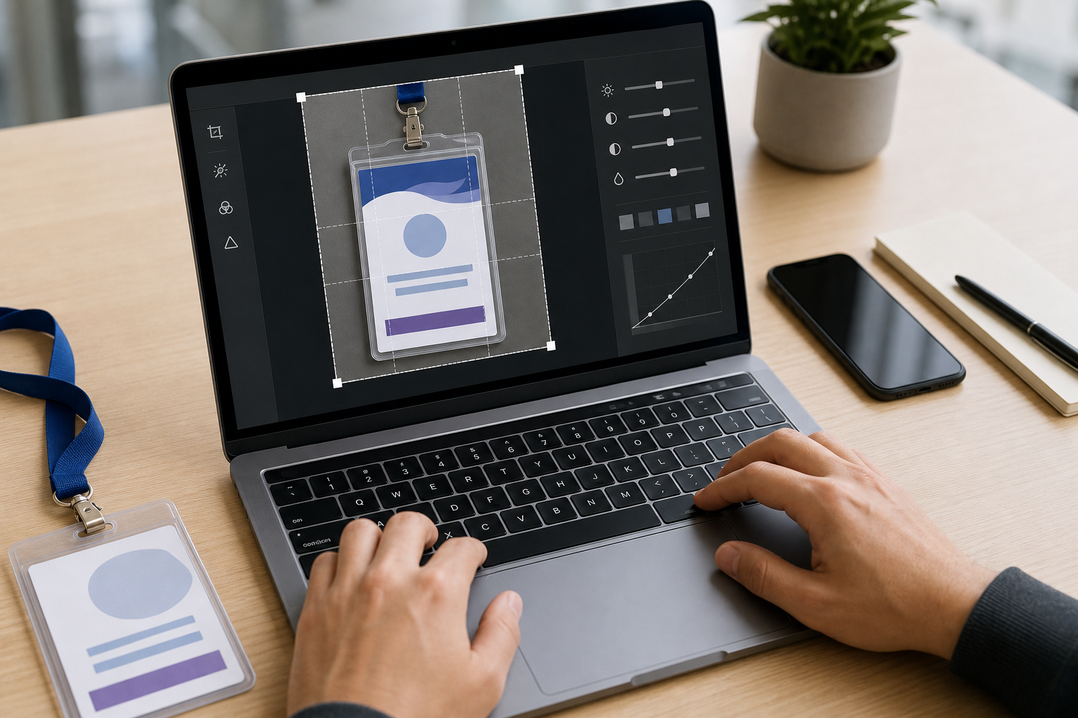 Clean desk setup showing a cropped badge image being prepared for OCR