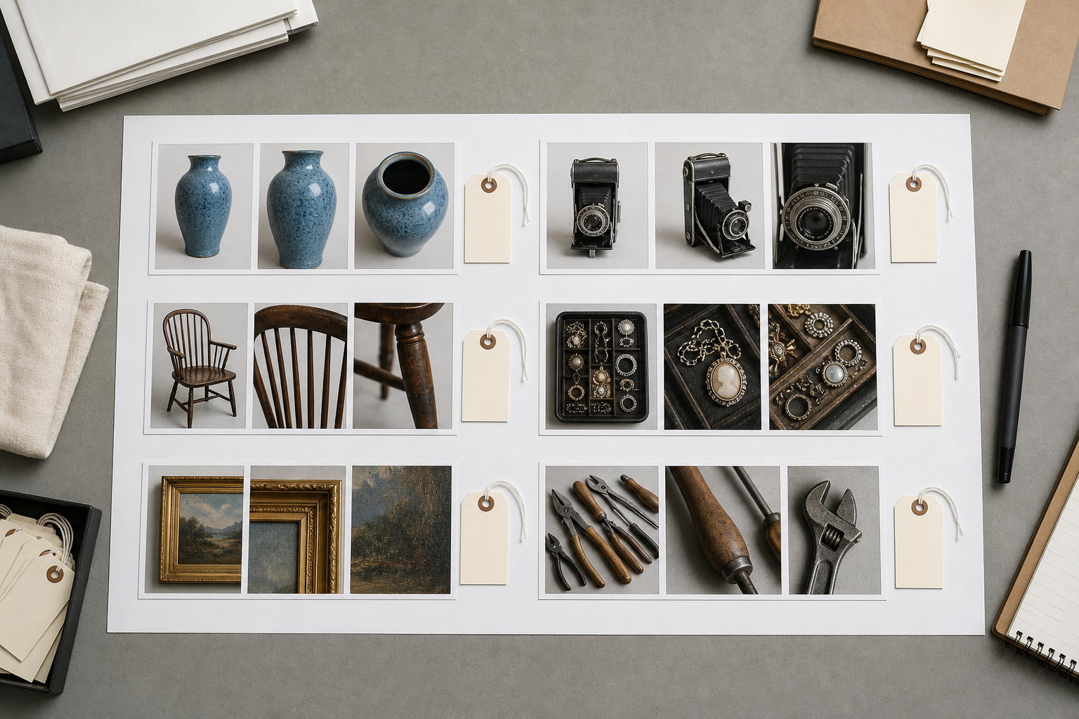 Auction lot photos arranged into a clean review sheet with consistent spacing and item groupings