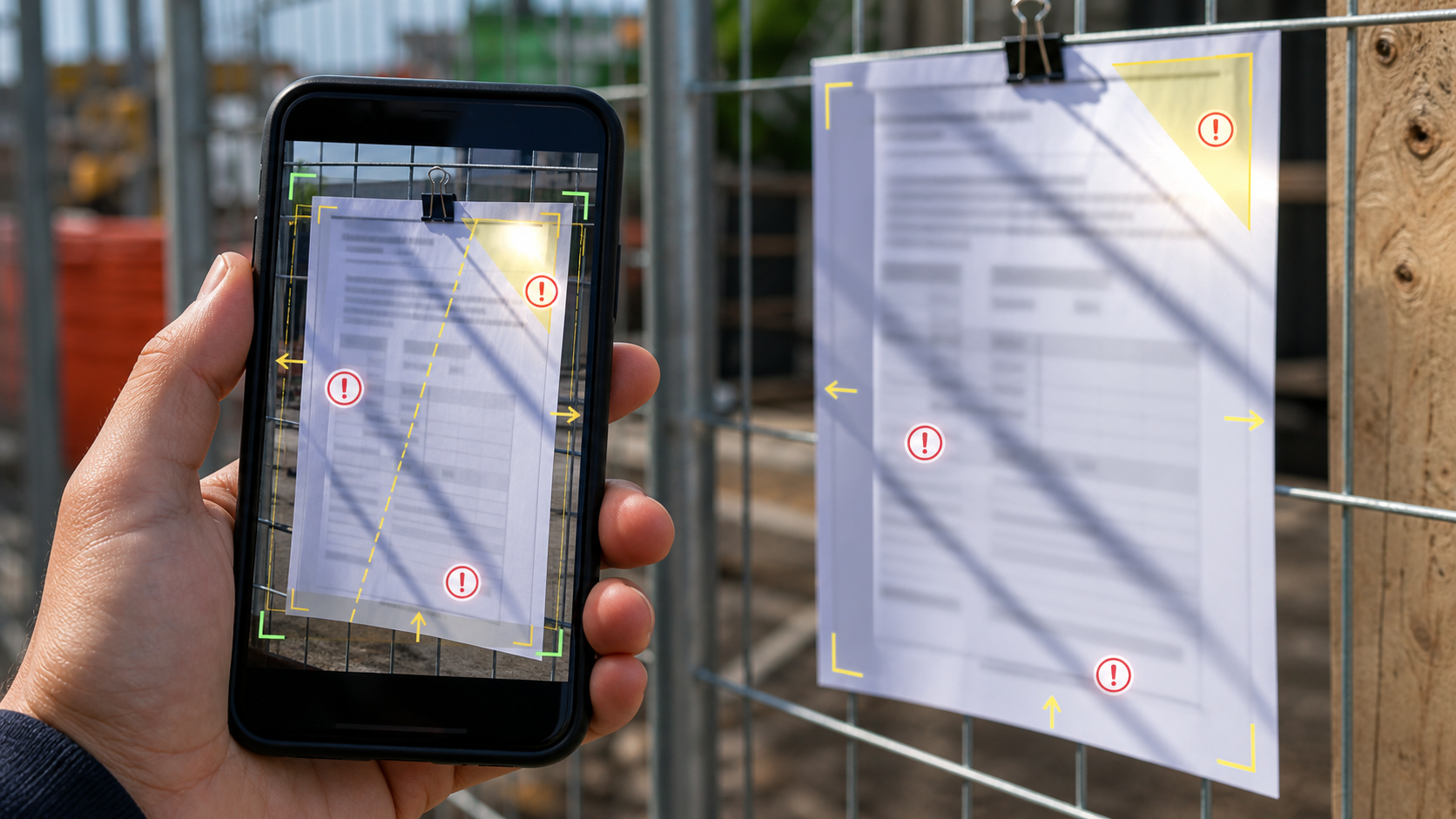 Phone camera framing a permit notice on a construction fence with glare and angle problems marked visually