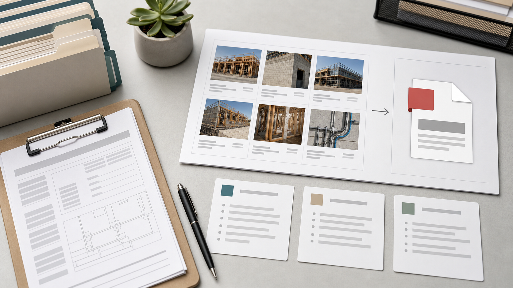 Organized folder view with cleaned permit photos, OCR text notes, and a combined PDF packet